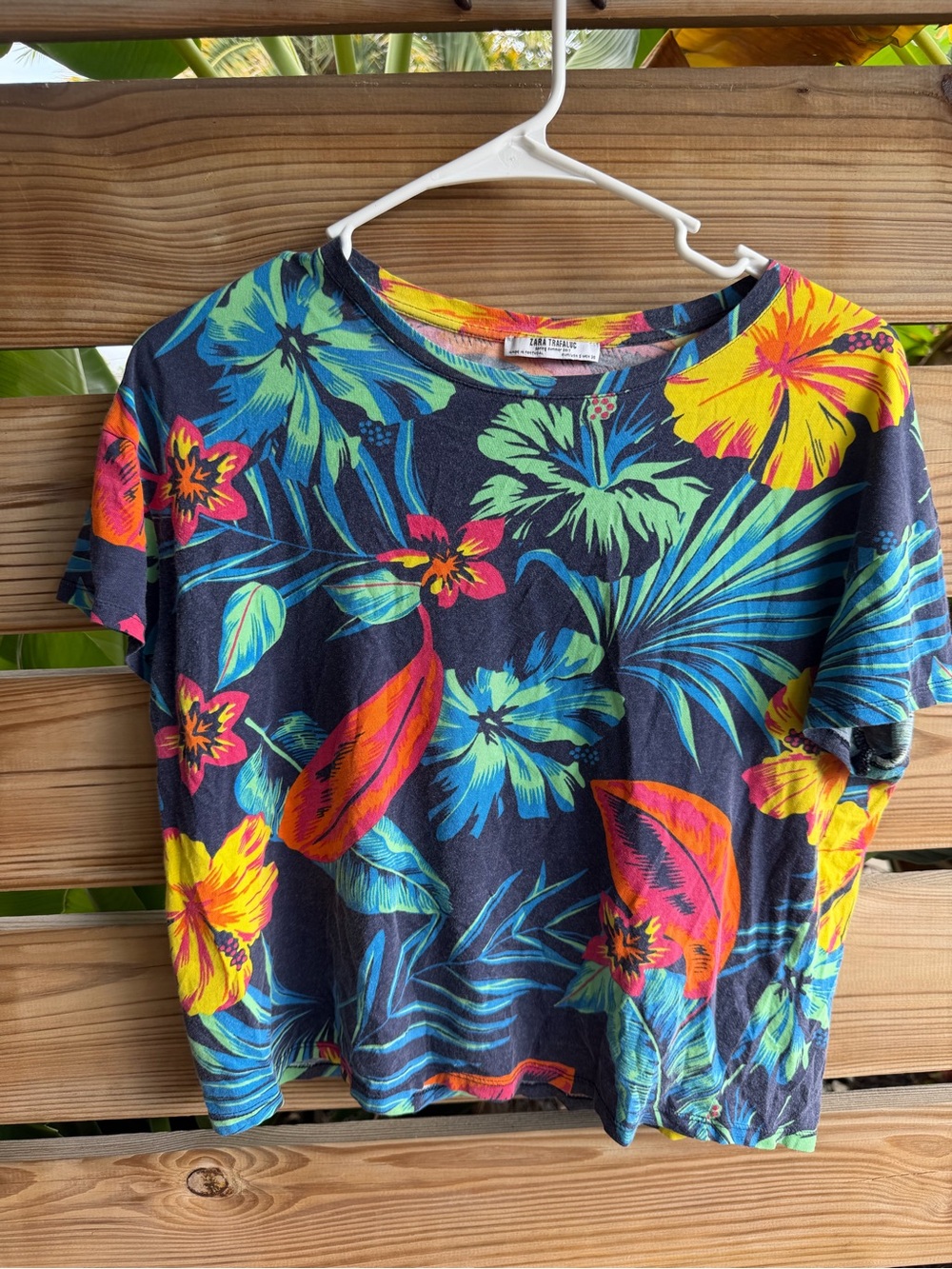 Zara Black Tropical Floral Crop Tee with Neon Accents